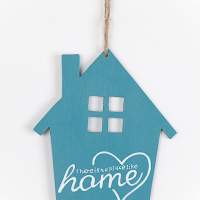 Häuschen Aufhänger aus Holz "HOME", blau-weiß
