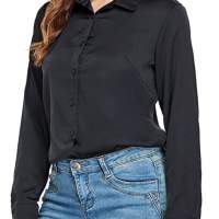 Sylanfia kadın Saten İpek Düğme Aşağı Gömlek V Yaka Uzun Kollu Leopar Bluzlar Rahat Çalışma Ofisi Tops