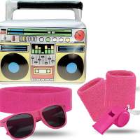5 in 1 - Retro pink Set mit Schweißbänder & Ghettoblaster uvm. - als Accessoire Vokuhila Kostüm zu Retro neon 80er 90er
