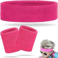 3 in 1 Schweißband pink Set mit Stirnband - als Accessoire Vokuhila Kostüm zu Retro neon 80er 90er Outfit Fasching & Karneval