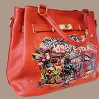 Handtasche Echt Leder from Italy Orange / Koralle *UNIKAT* Einzelstück handbemalt - Kelly Bag Streetart Style - Made in Germany